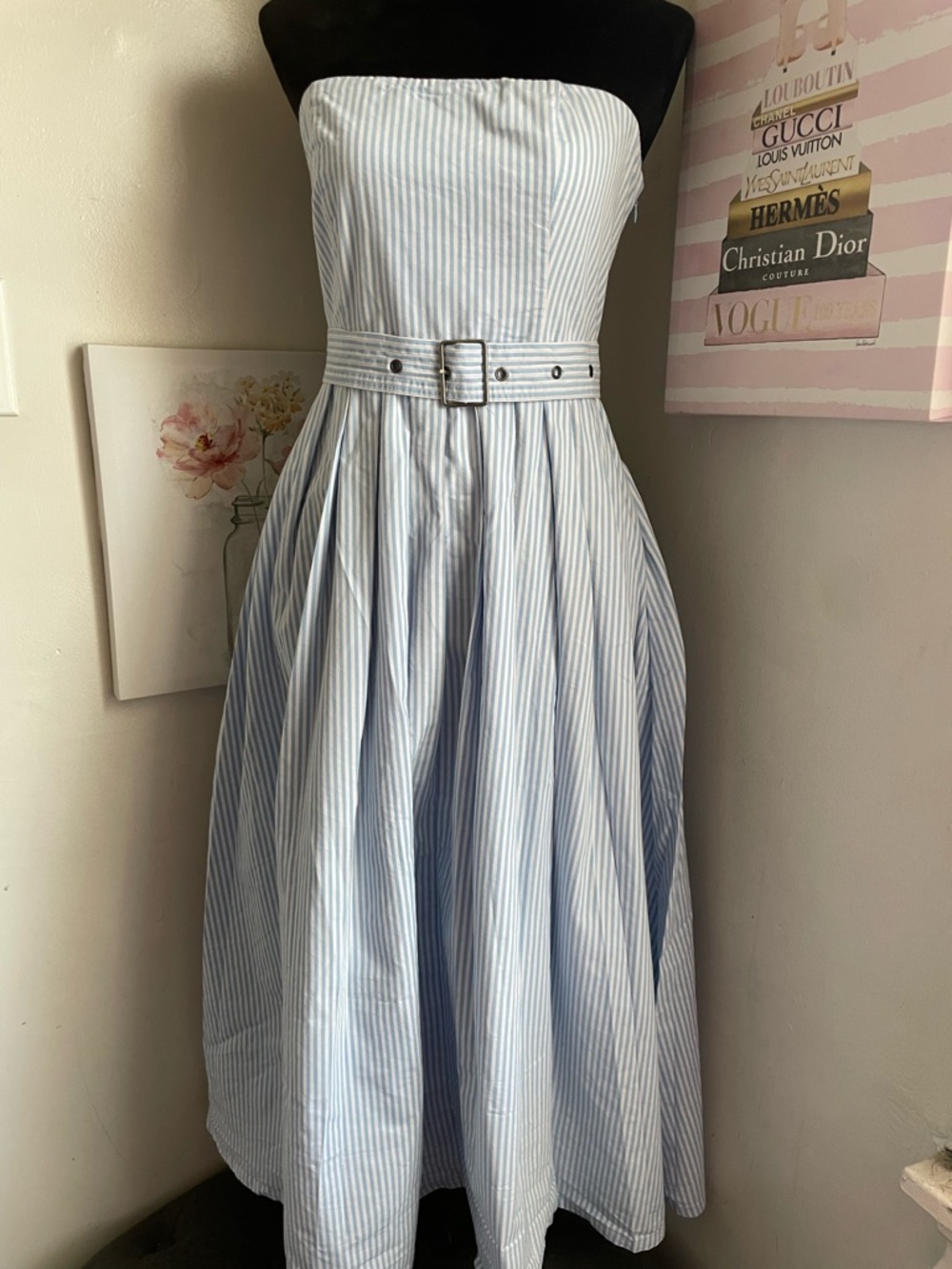 a new day Strapless Light Blue & White Pinstripe Midi Dress with Belt
